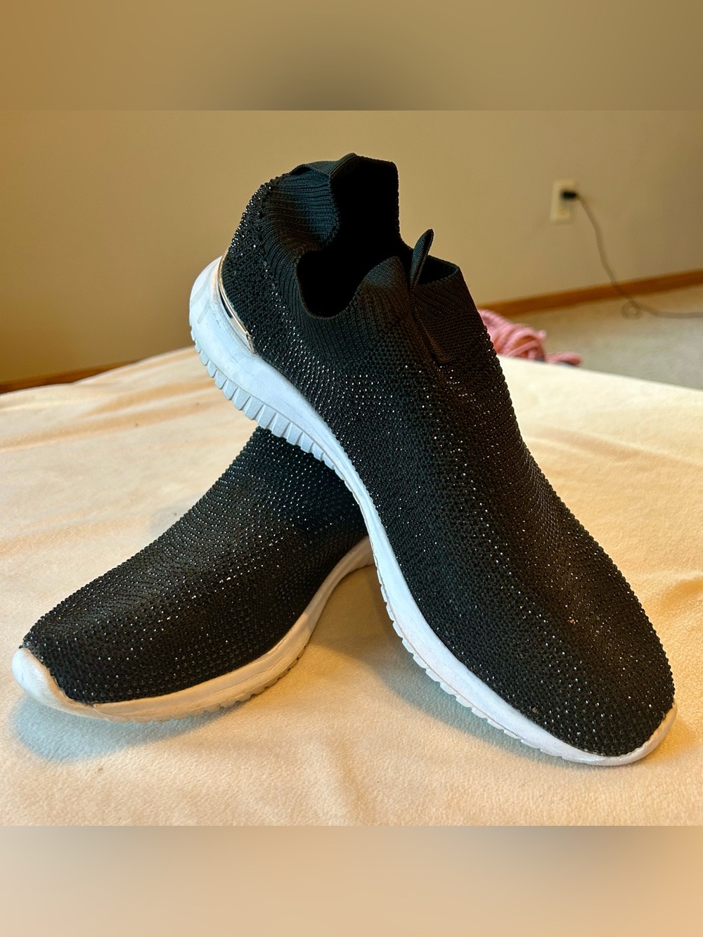 Anne Klein Mylee Black Knit Slip-On Sneakers with Rhinestones Sz 11